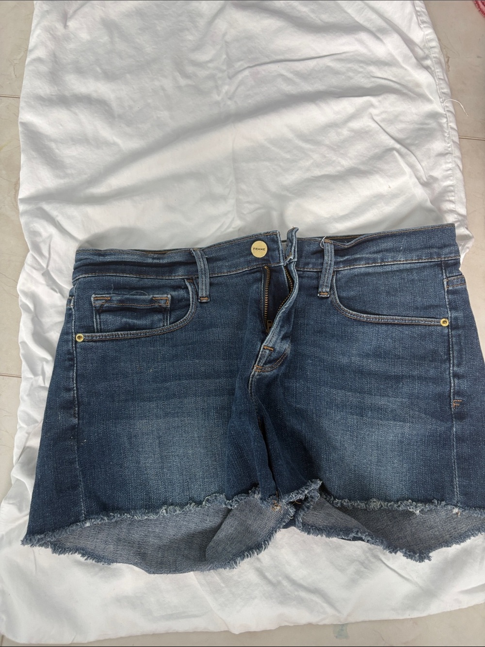 Frame Denim Blue High-Rise Jean Shorts with Frayed Hem